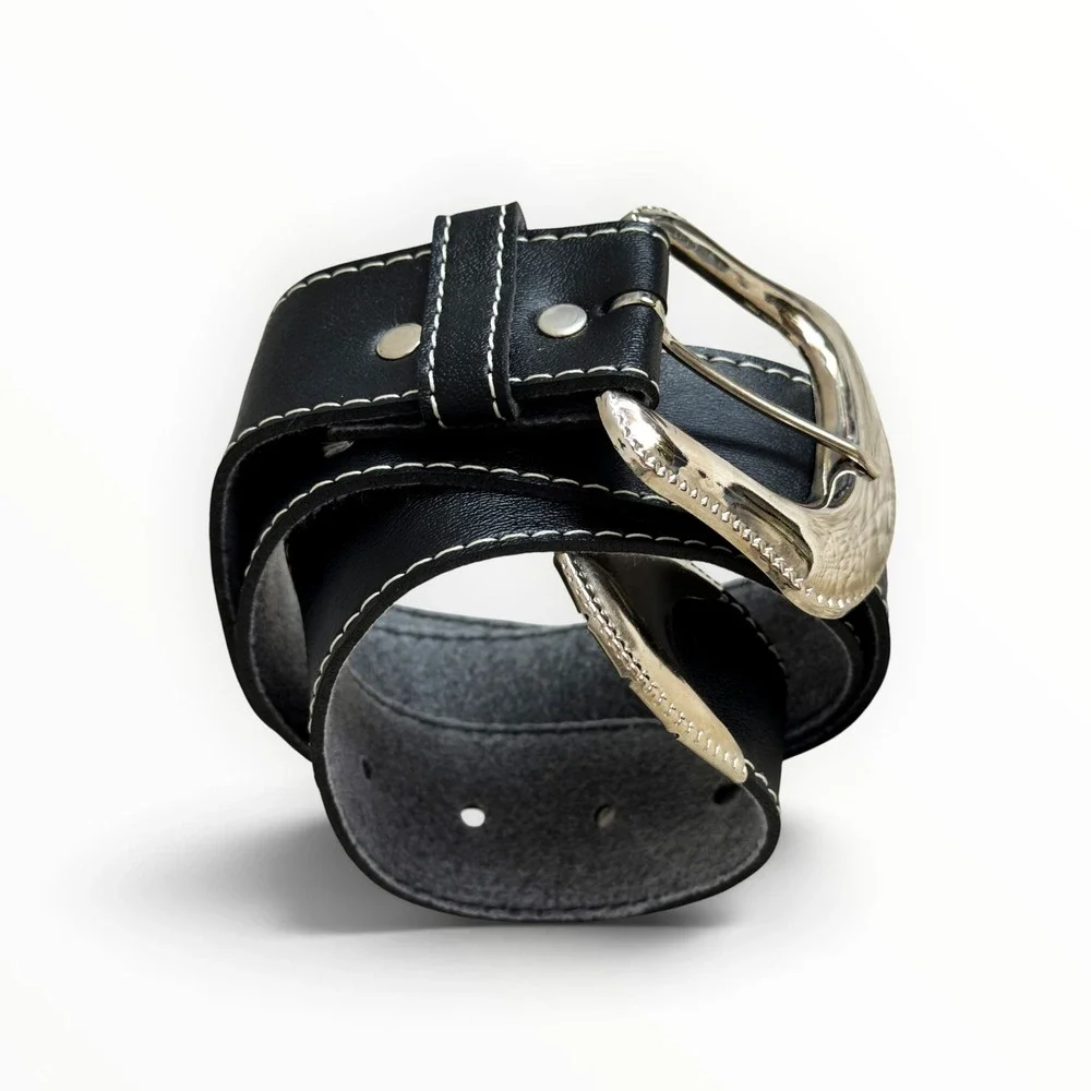 Western Black Contrast Stitch Belt Silver Buckle Grunge Cowgirl Y2K